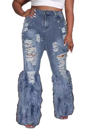 Ecirod Womens Pearl Stretch Skinny Jeans High Waisted Frayed Ripped Hole Feather Fringe Tassels Denim Flare Pants