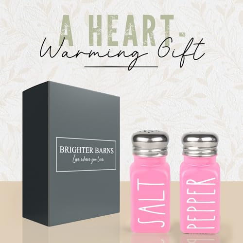 Image of Pink Salt and Pepper Shakers Set by Brighter Barns - Modern Kitchen Decor and Accessories - Cute Glass Shakers - Vintage Decor for Home, Restaurants, Housewarming Gifts & Stainless Steel Lids (Pink)
