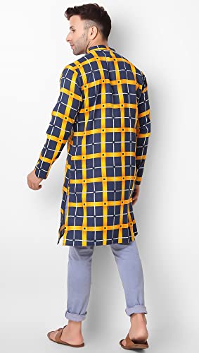 SKAVIJ Men's Printed Checkered Cotton Tunic Casual Kurta Shirt Great (Navy Gold, Large)3