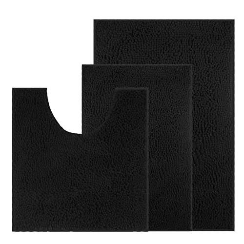 UHOUSEST Badematte rutschfest, Weicher Badezimmerteppich-Wasserabsorbierend Badematte, Maschinenwaschbar Badvorleger, für Badewanne und Toilette-Schwarz 3 Stück