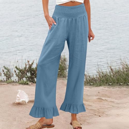 Image of Women Linen Pants Dressy Casual Summer Boho Ruffle Hem Wide Leg Cropped Pants Smocked High Waisted Palazzo Pant