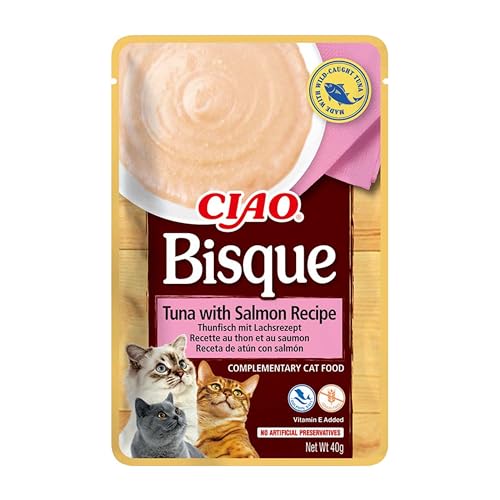 INABA Churu Bisque - Puré para Gatos - Snacks Receta Atún y Salmón - Premios Saludables - Sin Cereales, Conservantes, Colorantes - Sólo 16 Calorías - 40g