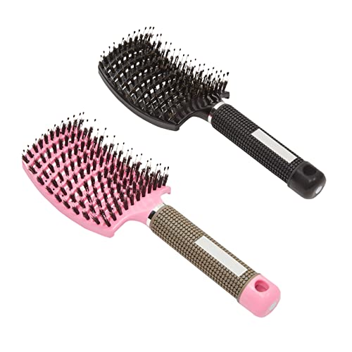 Vented Curved Boar Bristle Hair Brush for Detangling (Pink, Black, 10 In, 2 Pack)