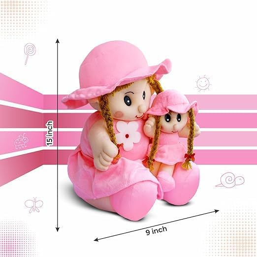 Image of Yellow Plush Doll Set, Stuffed Toy Dolls with Braided Hair and Sun Hats, Mother Daughter Matching Outfit, Girls Gift (Pink)