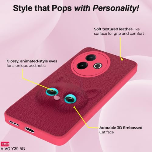 Image of AESTMO Back Case Cover for Vivo Y39 5G Back Cover | 3D Cat Cover | Leather Finish | Full Body Protection | Camera Protection Back Cover for Vivo Y39 5G (Pink
