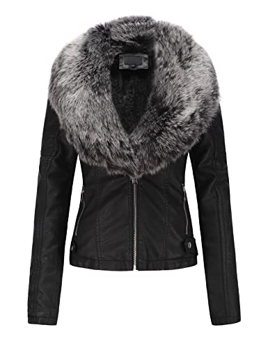 Geschallino Veste Courte en Faux Cuir pour Femme Manteau Doublé en Sherpa Hiver avec col en Fourrure Amovible 9201 Noirgris 3XL
