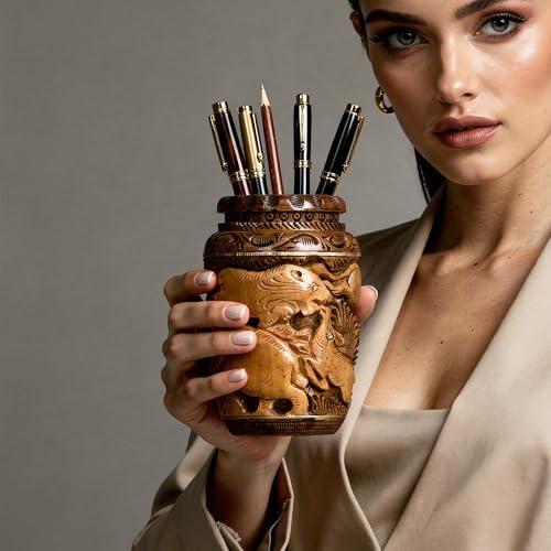 Image of Craft Trade 13x7 Cm Round Carved Wood Animal Pattern Pancil Holder - Two Tone