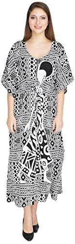 CigainRayon Printed Kimono Kaftan V-Neck Design Lounge Dresses Suiting Teens to Adult in Regular to Plus Size (Black)