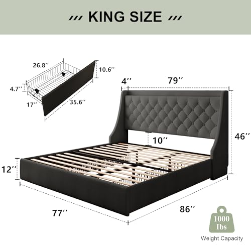 Image of Feonase Upholstered King Size Bed Frame with 4 Storage Drawers, Large Wingback Headboard, No Box Spring Needed, Black