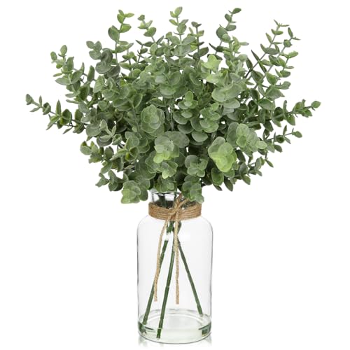 Briful Artificial Eucalyptus Stems in Clear Glass Vase with Faux