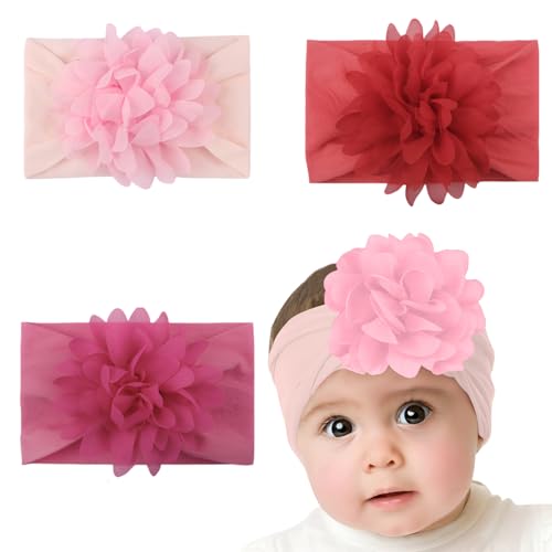 Image of SYGA PACK OF 3Headbands Nylon Flower Soft Stretchable Hairband for Newborn Infant Toddler Kids For 0-3 Year (Red-CreamPink-DarkPink)