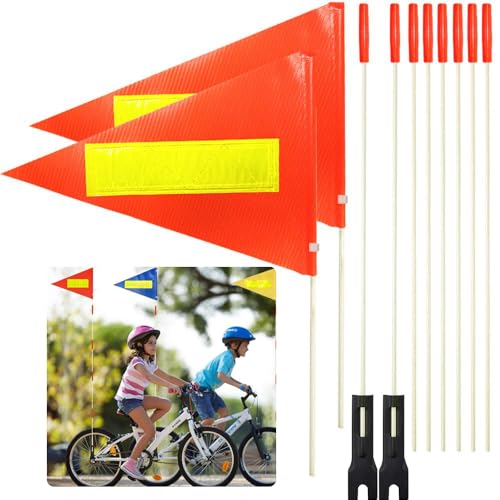2 Pcs Bike Safety Flag with Pole, 6-Feet Adjustable Height Heavy Duty Fiberglass Pole Polyester Tear-Resistant Waterproof Safety Flags(Orange with Reflective Strip)