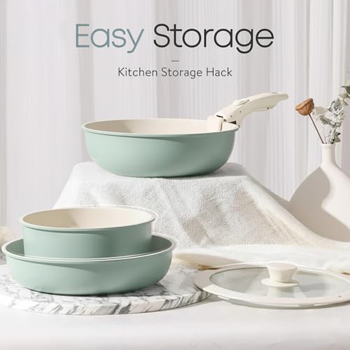 Image of House of Quirk Maifan Stone Nonstick Cookware Set 5-Piece | Detachable Handle Pots & Pans | Stackable, Induction & Oven Safe Kitchen Set (Granite Green)
