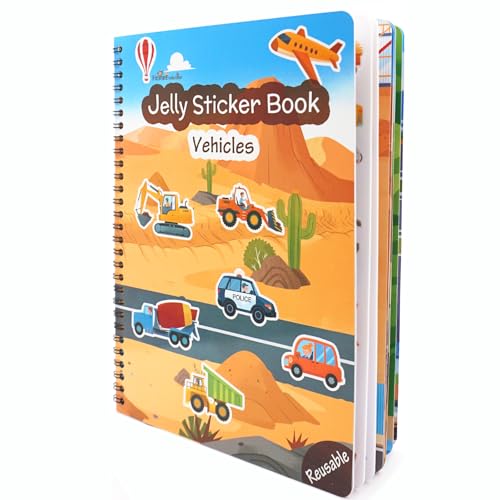 Reusable Sticker Book for Toddlers Vehicles & Construction 3 Sheets Washable Car Truck Jelly Stickers 9 Play Scenes Sticker Activity Book for Kids Road Trip Travel Toys