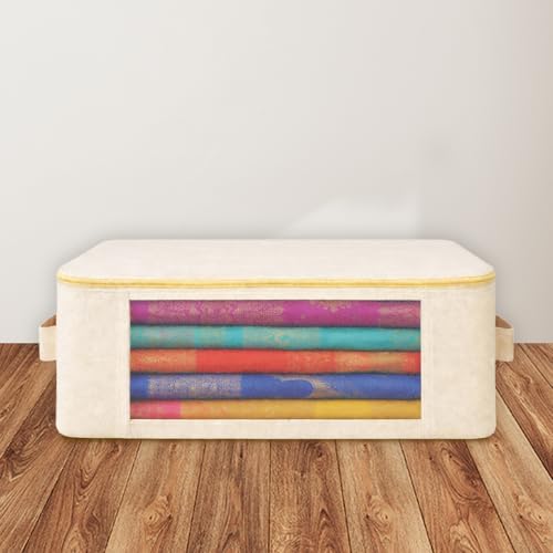 Image of SITTELLA Pack of 3 Cotton Canvas Saree Covers with Zip | 17 x 14 x 7 Inch Clothes Storage Bags for Sarees, Dresses & Lehengas | Wardrobe Organizer (Beige)