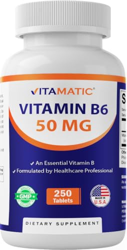 Vitamatic Vitamin B6 (Pyridoxine HCI), 50 mg 250 Vegetarian Tablets - Promotes Energy Production,...