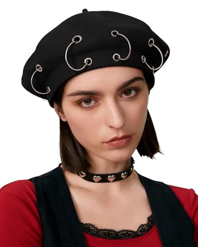 AWAYTR Punk Beret Hats for Women Men - 90% Wool Blend Beret Cap Goth Hat Alt Fashion Accessory (Black)