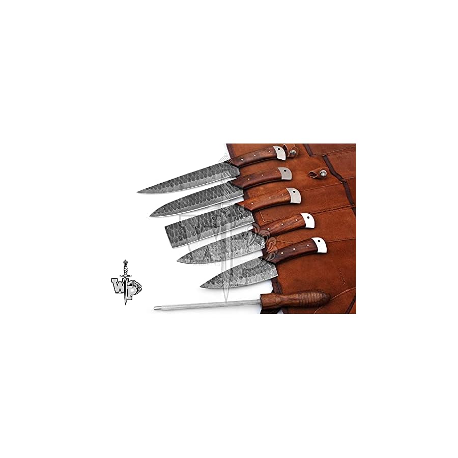 1027-Rose-Wood-Damascus-Kitchen-Knife-Set-Professional-6-Piece-Handmade-Damascus-Steel-Chef-Knife-Set-with-ChopperCleaver-And-6-Pocket-Original-Leather-Roll-Bag-WP-1027 World Points 1027 Rose Wood Damascus Kitchen Knife Set Professional 6 Piece, Handmade Damascus Steel Chef Knife Set with Chopper/Cleaver And 6 Pocket Original Leather Roll Bag, WP-1027