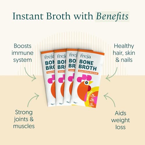 Freja Instant Chicken Bone Broth | Chicken | 100% Natural | Rich in Collagen, Protein & Amino Acids | Dairy & Gluten Free, 4 boxes (4 x 15g Sachets Per Box)