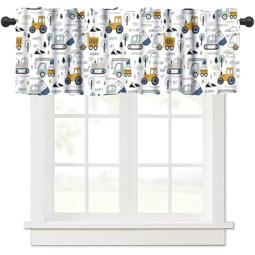 Cartoon Car Cute Truck Valance Curtain Construction Comter Tractor White Yellow Rod Pocket Short Window Treatments for Kitchen Kid Boys Bedroom Nursery Bathroom Living Decor Drapes 54x18inch
