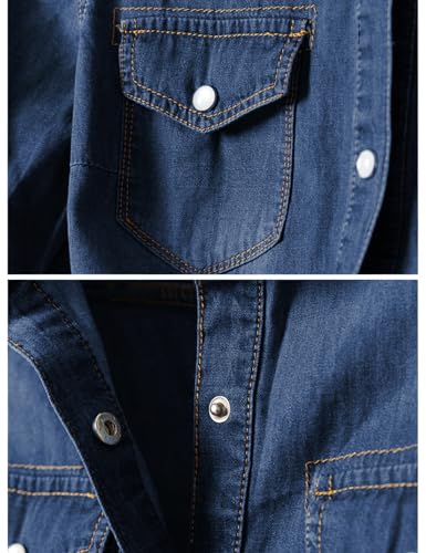 Image of Omoone Wome Crop Modern Denim Top Tie Knot Shirt Chambray Cardigan | Roll Up 3 /4 Sleeve, Button Down, Tie Front Blouse, Western Cowgirl Jean Shirts