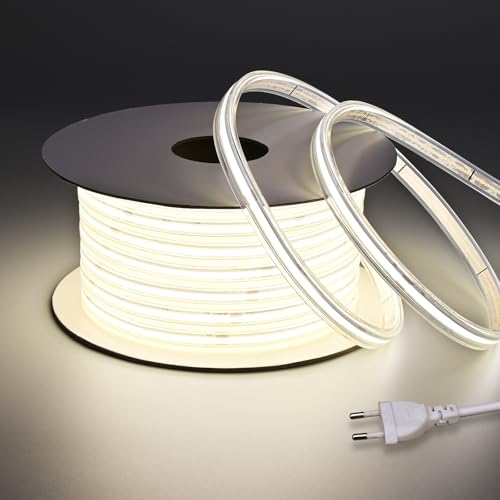 BENLUN Striscia LED COB 220V Esterno Impermeabile IP67 20 Metri, 4000K Bianco Naturale 200W 480LEDs/M CRI 90+ Luci LED con Raddrizzatore per Cortile, Giardino, Salotti, Spazi Esterni