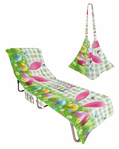 Easter Beach Lounge Chair Towel Cover, Soft Chaise Lounge Towel with Side Pockets Patio Pool Chairs Cover for Beach/Pool Sunbathing 29x85 Spring Floral Botanical Eggs Bunny Teal Plaid