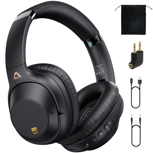 Bluetooth 6.0 Active Noise Cancelling Headphones for Airplane Travel, LDAC Hi-Res Audio, 90H Playtime Wired and Wireless ANC Headphones, Over Ear Headset for Home Office, Custom EQ via APP, Black
