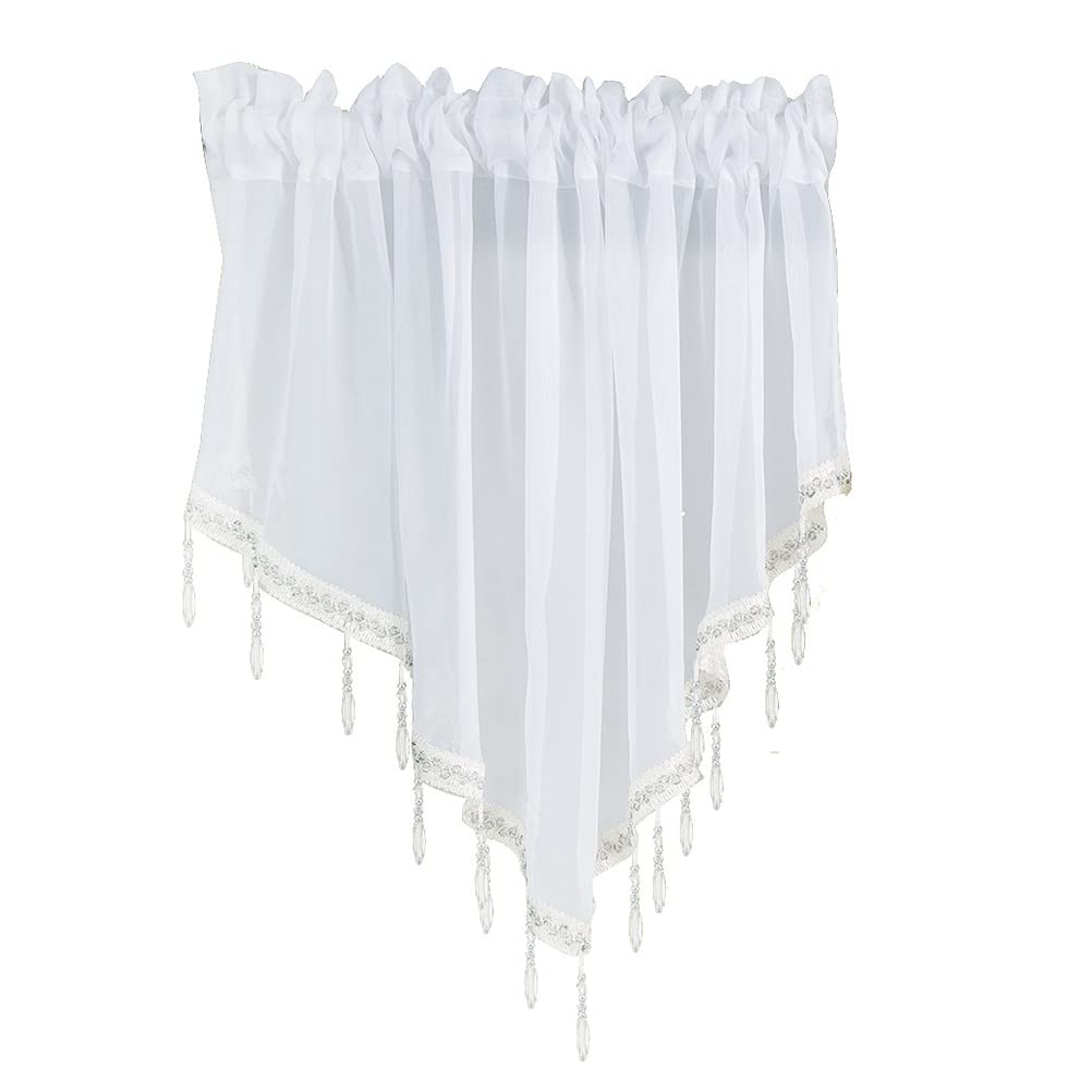 ACMHNC Triangle Sheer Valance Curtain with Acrylic Beaded Trim Rod Pocket Voile Curtain Swag Window Drape Decor for Farmhouse Kitchen Bedroom Living Room Kitchen 51x24 Inches 1PC (White)