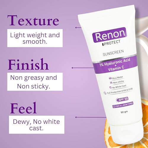 Image of Renon Sunscreen - SPF 50 PA+++ 1% Hyaluronic Aqua Gel Sunscreen|Vitamin C+Rice Water|No white Cast |Non Sticky - 100 gm (Set of 2)