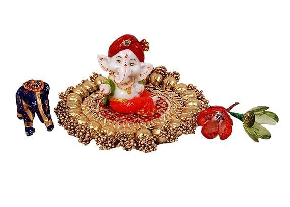 Image of Handmade Gota Patti Work Plate, Table Decor & Base for Statue, Gods, Plant, Craftsmanship with Golden Moti Detailing, Gift for Diwali, Birthday, Housewarming (Size 9 inch)