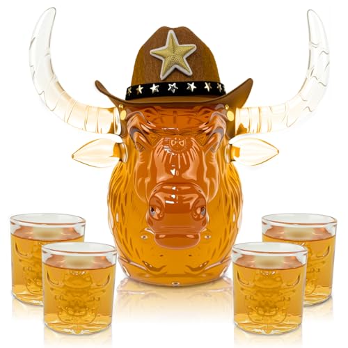Cowboy Whiskey Decanter Gifts Set - Includes 4 Glasses&Cowboy Hat