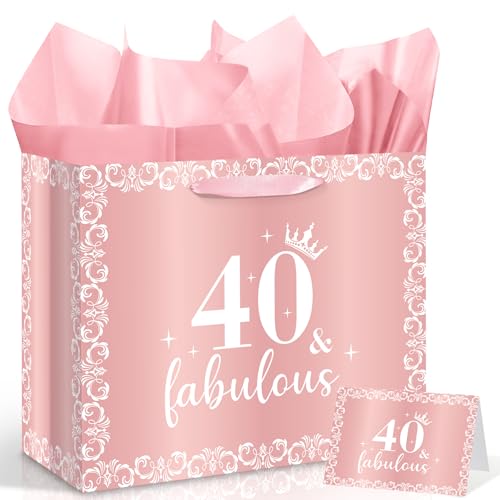 Yoirrat 40th Birthday Gift Bag for Women with Wrapping Tissue Paper & Card Rose Gold Pink Large Happy 40th Birthday Bag 40 and Fabulous Forty Bday Party Supplies Favors Present for Mom Wife