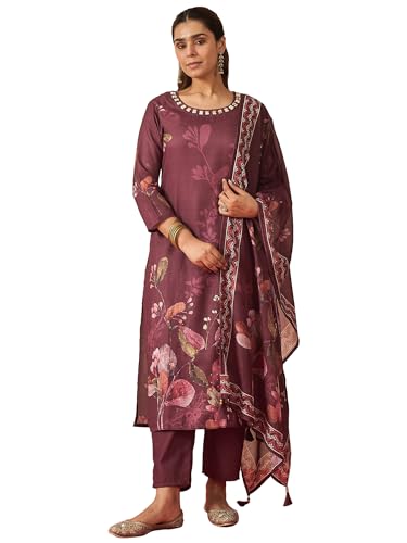 Image of INDO ERA Women's Linen Floral Printed Straight Calf Length Kurta & Pant with Dupatta Set (IESTR12259)