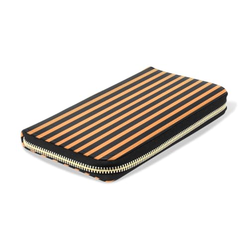 Long Wallets Leather Bifold Wallet for Women Orange Black Stripe with Zipper Credit Card Holder Large Capacity4