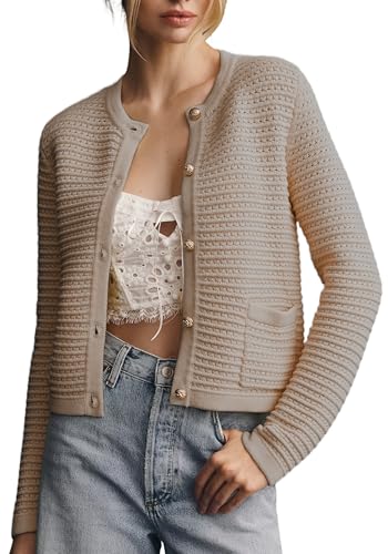 Womens Fall Cardigan Sweater Casual Open Front Long Sleeve Button Down Crochet Knit Tops with Pockets