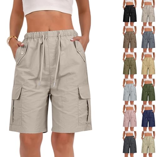 Womens Hiking Shorts Quick Dry Knee Length Cargo Shorts Summer Outdoor Casual Elastic Waist Drawstring Bermuda Short with Pockets Water Resistant Athletic Golf Beach Short for Camping Travel Pants