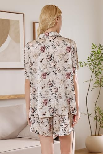 Image of YiNi LuLu Womens Silk Satin Shorts Pajamas Set Button Down 2 Piece Pjs Short Sleeve Oversized Sleepwear with Pockets