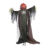 Haunted Hill Farm Life-Size Poseable Pumpkin Scarecrow, Halloween Animatronic with Touch Activated Lights and Sound, Scary Fright Props, Battery Operated Indoor or Covered Outdoor Halloween Decoration