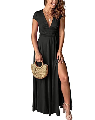 Yuopeid Women's Sexy Deep V Neck Solid Color Pleated High Waist Slit Club Party Evening Long Maxi Dress