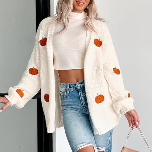 Women's Halloween Pumpkin Knit Cardigan Long Sleeve Open Front Knitted Sweater Fall Outwear Coat Tops2