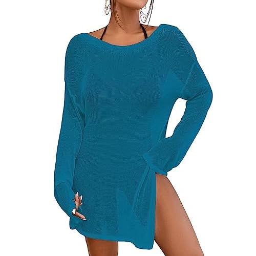 Bsubseach Crochet Cover Ups for Women Bathing Suit Cover Up Dress Mesh Beach Top Peacock Blue