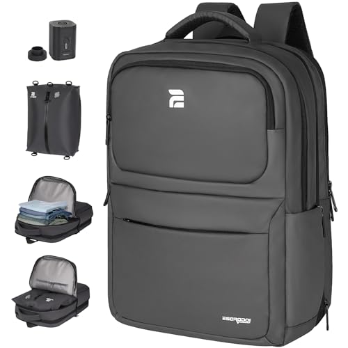 ESCRODOI Mochila Vacuo com Bomba e Saco a Vacuo Independentes, Mochila Viagem Expansível a Vácuo de 32L, Acomoda Laptops de 17 Pol, Resistente à Água, Viagens e Deslocamentos Diários, Cinza Escuro