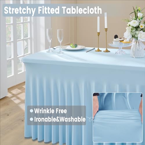 Image of Outpain 6Pack Baby Blue 8FT x 8FT Rectangular Spandex Polyester Blend Tablecloth for Standard Folding Tables - Set of 6