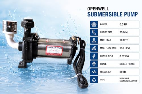 Image of Kisan 0.5 HP Open-Well Submersible Pump | Single Phase | 0.37 KW | 25 MM Outlet | 18 Mtr head | 150 flow rate | Stainless Steel Body