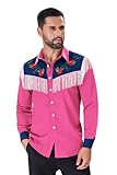 Muztagata Men's Western Cowboy Fringe Shirts Long Sleeve with Embroidered Rose Button Down Hippie Shirt-Large