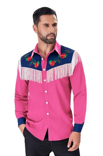 Muztagata Men's Western Cowboy Fringe Shirts Long Sleeve with Embroidered Rose Button Down Hippie Shirt-Large