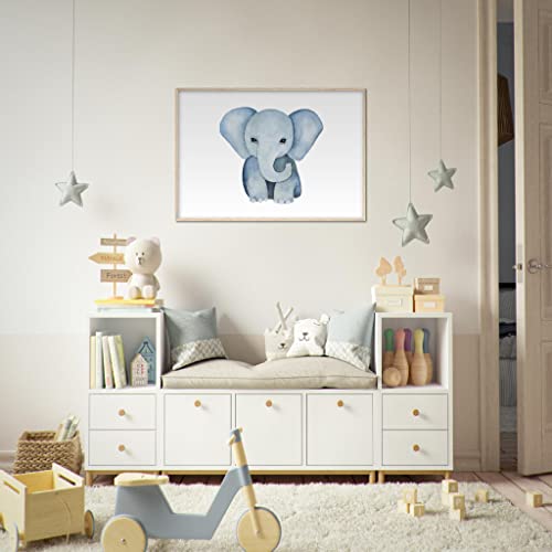 Décoration murale enfant éléphant bleu cadre bois 70x100 cm