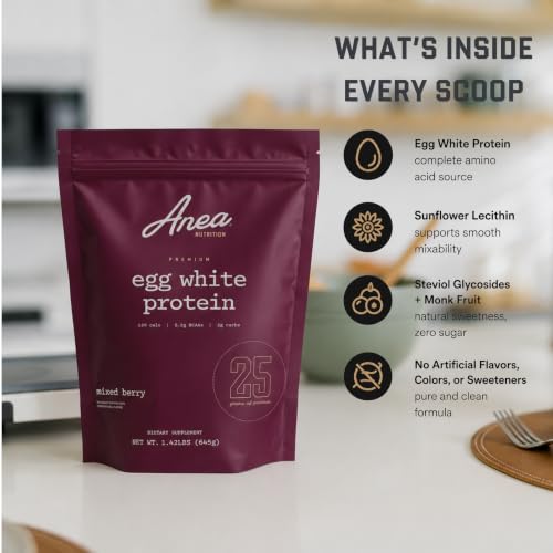 Image of Anea Protein Powder, Egg White Protein Powder, Complete Amino Acids, Egg Whites, No Artificial Sweeteners, Gluten Free, Dairy Free, Soy Free, Mixed Berry Flavor, Informed Choice Certified, 20 Servings