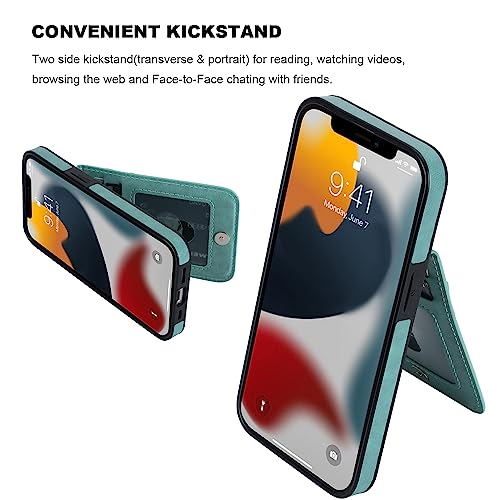 Image of KIHUWEY Compatible with iPhone 13 Case Wallet with Credit Card Holder, Premium Leather Magnetic Clasp Kickstand Heavy Duty Protective Cover for iPhone 13 6.1 inch (Mint Green)